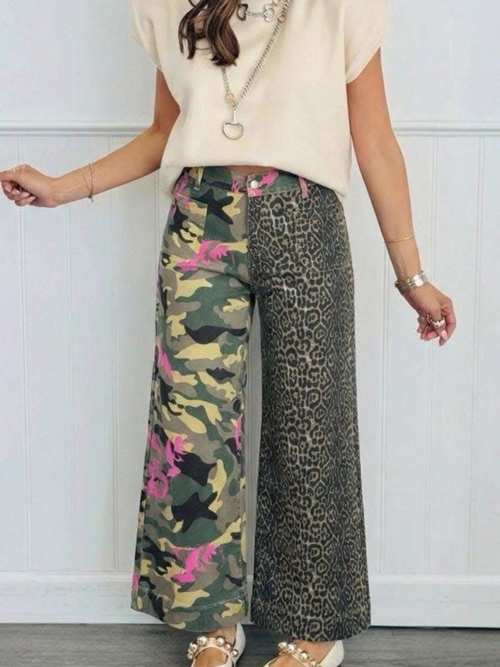 Women’s Two-Tone Camo & Leopard Wide-Leg Pants - Olive/Pink